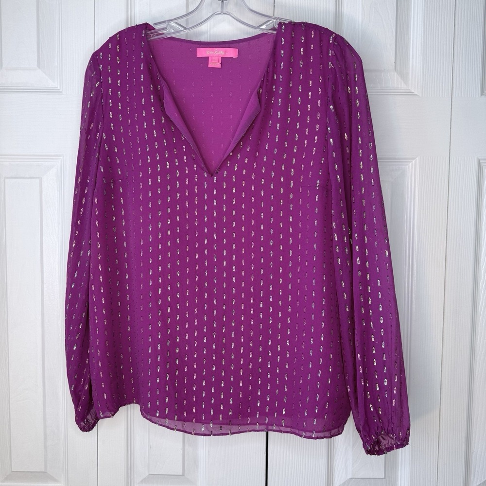 Lilly Pulitzer‎ Women's S Small Aaron Silk Blouse Top Bordeaux Berry Rainbow